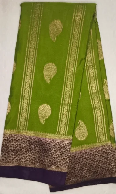 Semi Silk Greenish Yellow Color With Magenta-Red Border