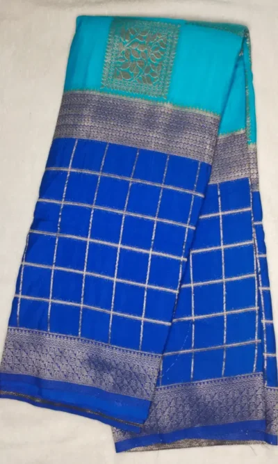 Semi Silk Bluish Cyan Color With Egyptian Blue Border