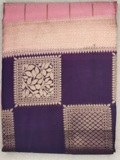 Semi Silk Pinkish Red Color With Purple Blue Border