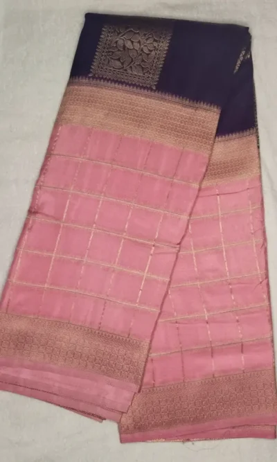 Semi Silk Pinkish Red Color With Purple Blue Border