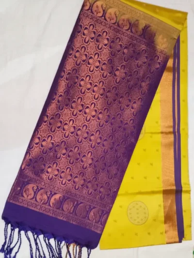 Pure Soft Silk Bold Yellow Color With Cool Purple Border