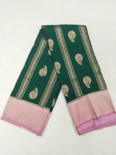 green-saree-img2 Semi Silk Green Saree with pink border
